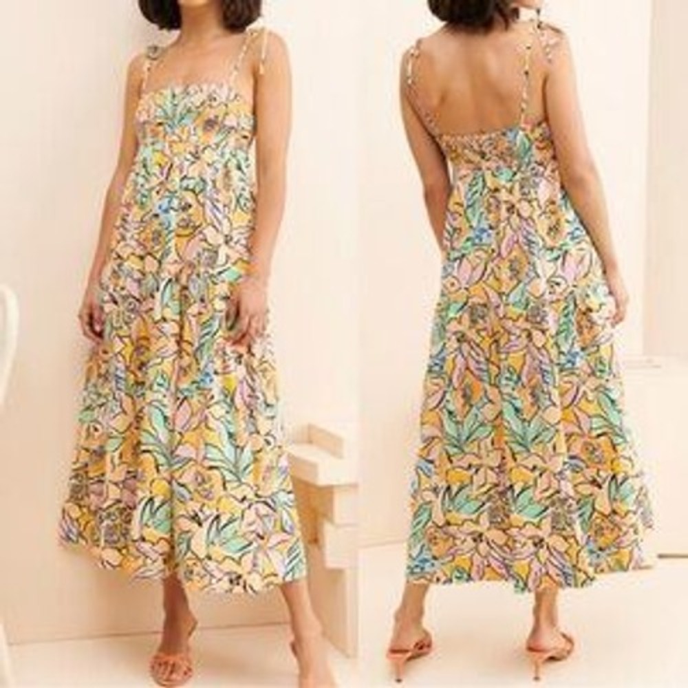 ASTR Colorful Marlene Smocked Milkmaid‎ Linen Maxi Sun Dress Large Resort Beach